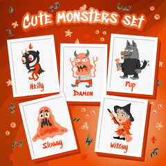 Monster Cartoon Character set. Hand-drawn vector illustration with Beas, Wolf, Devil, Witch. Mystery, All Saints Day concept for Halloween party, posters, portraits. Caricature of Scary Creatures