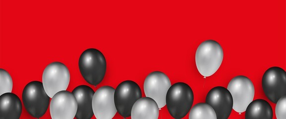 Red background with black and silver realistic glossy balloons for Black Friday Sale banners and flyers