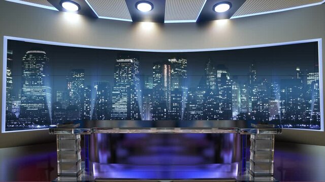 3d virtual news studio. Announcer Table with night city background and floodlights