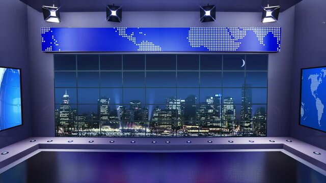 3d virtual news studio with night city background and floodlights Loop