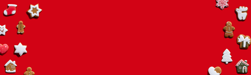 Red New Year advertising background. Biscuit frame decorative pattern. Christmas cookies ornament....