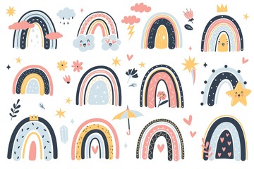 Cute weather elements. Childish boho rainbows and clouds, doodle cartoon style in pink and yellow colors, kid prints nursery decorations, baby party design and textile vector collection