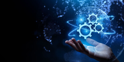 Gears icon on screen. Business and industrial process automation RPA Technology concept. - obrazy, fototapety, plakaty