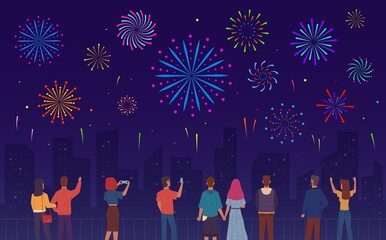 People watching fireworks. Crowd of men, women happy watch pyrotechnics show in night city landscape, urban festive evening event colorful salute celebration new year party vector concept