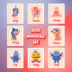 Monster Cartoon Character set. Hand drawn vector illustration with Beast, Slime Slug, Wolf, Devil, Pumpkin, Witch, Dragon, Vampire. Mystery, All Saints Day concept for Halloween party, posters