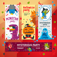 Halloween Cartoon Character Vertical, Gorizontal Banner, Header Web Template. Handdrawn vector illustration Monster, Dragon, Slug, Wolf, Devil, Pumpkin, Vampire, Witch. Mystery, All Saints Day concept