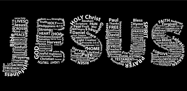 Word Jesus in white written with Christian words on black background. Christian background