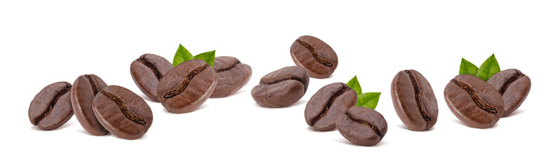 Roasted coffee beans with coffee leaves studio shot isolated on white background long banner, Healthy products by organic natural ingredients concept