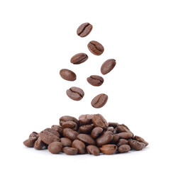 Flying whirl roasted coffee beans in the air studio shot isolated on white background, Healthy products by organic natural ingredients concept