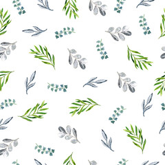 Watercolor pattern with blue and green branches and leaves. Texture for printing, wrapping paper.