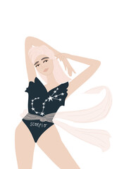 Representative of the Scorpio sign. Attractive girl with long pink hair. Constellation. Hand drawn illustration