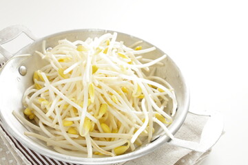 Chinese vegetable, soy sprout in stainless steel pan