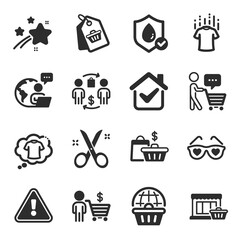 Set of Fashion icons, such as Sale tag, Sale bags, Buyer think symbols. Love glasses, Online shopping, Buyer signs. Scissors, Dry t-shirt, Buying process. T-shirt, Marketplace, Waterproof. Vector