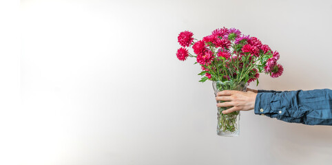 woman hands holding flower bouquet copy space minimalist design