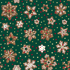 Christmas vector background. Seamless winter pattern. Gingerbread Stars Snowflakes on Traditional Festive Green Background Hand Drawn in Cartoon Style. For textiles, paper, fabric.