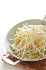 Chinese vegetable, soy sprout in stainless steel pan