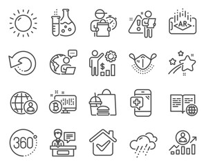 Science icons set. Included icon as Sunny weather, Recovery data, Employees wealth signs. Medical mask, Career ladder, Augmented reality symbols. International recruitment, Rainy weather. Vector