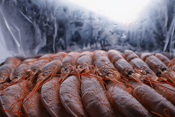 frozen king prawns, macro background seafood, fresh red prawns