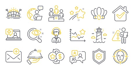 Fototapeta na wymiar Set of line icons, such as Medical help, Sports arena, Loyalty points symbols. Face detect, Business podium, Approved shield signs. Shipping support, Restaurant food, New mail. Vision test. Vector