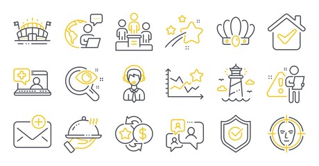 Set of line icons, such as Medical help, Sports arena, Loyalty points symbols. Face detect, Business podium, Approved shield signs. Shipping support, Restaurant food, New mail. Vision test. Vector