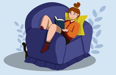 The girl on the couch is reading a book, literature fan. Girl with book. Stock vector cartoon illustration