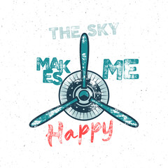 Airplane tee design in vintage rubber style with fly symbol - propeller and vintage typography -...