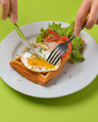 Sour waffle with fried egg and vegetables on a plate. Delicious traditional breakfast idea. Belgian waffle recipe.