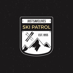 Winter ski patrol Label with ski equipment and mountains. Vintage extreme adventure badge. Outdoors logo design. Travel hand drawn and hipster insignia. Wilderness stamp isolate on dark. .