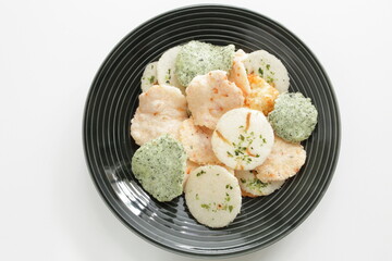 Japanese  snack food, mixed rice cracker on dish 