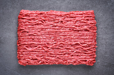 Raw minced meat on gray background top view.