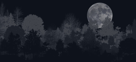 3d illustration Of panoramic mountain and tree views and the moon Has a deep awakening phase of the eyes Mountain in fog with forest mountains at night