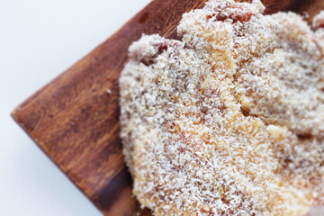 breadcrumbs and pork for Milano cutlet prepared for cooking