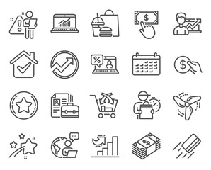 Finance icons set. Included icon as Calendar, Success business, Credit card signs. Loyalty star, Online loan, Audit symbols. Vacancy, Growth chart, Payment. Cross sell, Online statistics. Vector