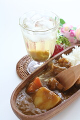 homemade Japanese packed curry rice lunch box, bento on white background