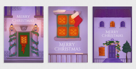 Set of 3 winter house hand drawn background designs. Christmas evening with snowman and lights.