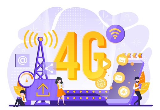 4G network technology concept. Internet systems telecommunication service. People sitting and standing on the big 4G symbol using high speed wireless connection 4G. Tiny people illustration. Vector