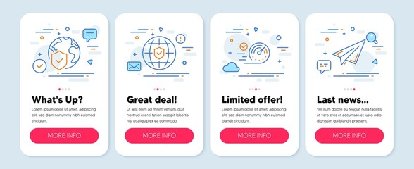 Fototapeta premium Set of Technology icons, such as World insurance, Global insurance, Speedometer symbols. Mobile screen banners. Paper plane line icons. Internet protection, Full coverage, Time concept. Vector