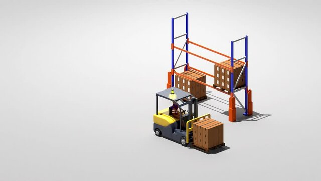 Forklift truck lift pallet on shelf warehouse