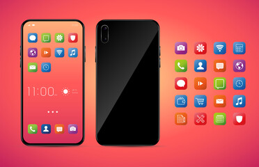 Realistic, modern, smart phone collection with apps on isolated background.