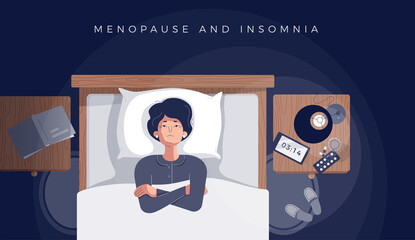 Senior woman suffers from insomnia, menopause symptom. Mature female insomniac lying awake in bed looking up trying to sleep. Menopause and insomnia concept. Vector illustration in flat cartoon style - 387957919