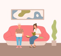 Couple spending time at home sitting on couch vector flat illustration. Woman reading book. Man surfing internet or working use laptop. Pair enjoying weekend at comfy interior