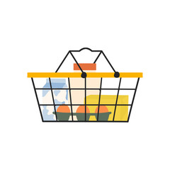 Grocery shopping basket full of food market products. Milk, butter, egg and bottle. Flat vector illustration.