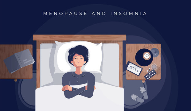 Senior Woman Suffers From Insomnia, Menopause Symptom. Mature Female Insomniac Lying Awake In Bed Looking Up Trying To Sleep. Menopause And Insomnia Concept. Vector Illustration In Flat Cartoon Style