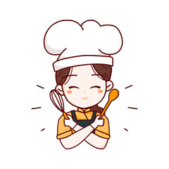 Homemade logo template elements with cute woman chef with holding whisk and wood spoon Kitchen Tools vector illustration