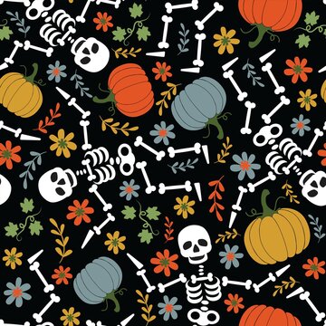 Skeletons dancing in the pumpkin garden. Vector holiday illustration for Day of the dead or Halloween. Funny fabric, paper or invitation design.