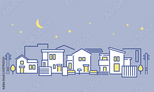 夜間の郊外の住宅街をイメージした街並みのイラスト素材 Wall Mural Emma