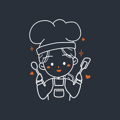 Doodle hand drawn Cute bakery chef girl holding kitchen tools with love cartoon art illustration logo.