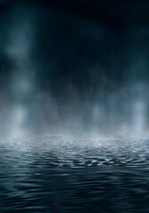 Empty futuristic dramatic scene. Abstract dark landscape, street. Neon light fluid element. Night view, neon blue light. Fantasy background. 3D illustration