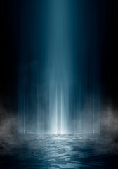 Fototapeta premium Empty futuristic dramatic scene. Abstract dark landscape, street. Neon light fluid element. Night view, neon blue light. Fantasy background. 3D illustration