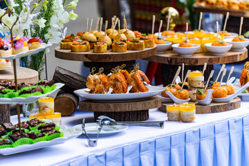 Small cakes, fruit, shrimp skewers and decorations on the white table